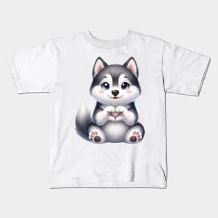 Valentine Siberian Husky Dog Giving Heart Hand Sign Kids T-Shirt